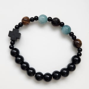 천연 오닉스·아쿠아마린·AAA 호안석 + 천연나무 십자가 묵주팔찌