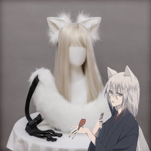 오늘부터 신령님 코스프레 토모에 코스프레 여우꼬리 귀세트 화이트 여우 코스튬 꼬리