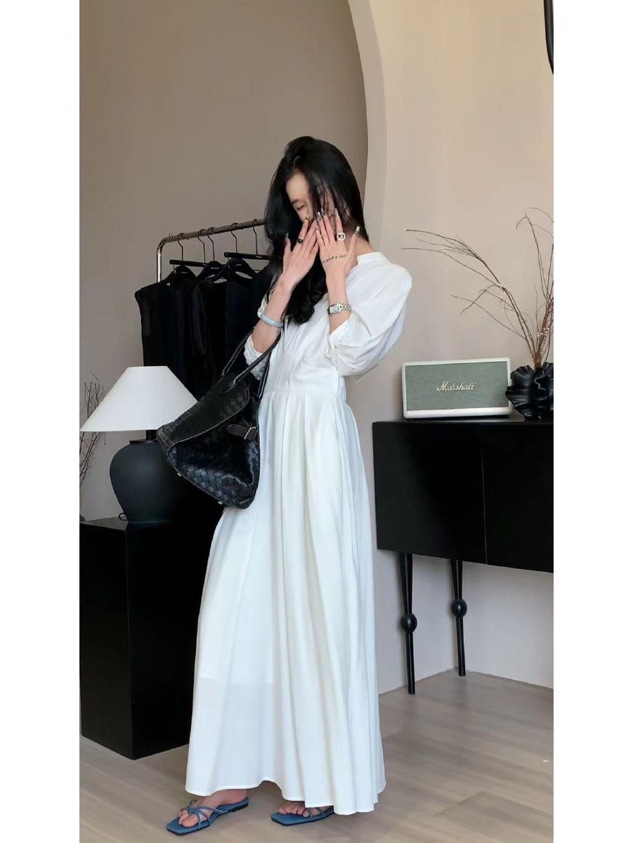 여름 심플 셔링 모던 브이넥 오버핏 미니멀 베이직 루즈핏 빅사이즈 롱 우너피스