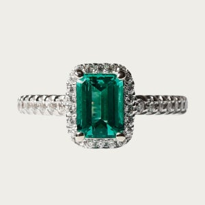 1캐럿 랩그로운 에메랄드 사각 헤일로 링 반지 유색 보석