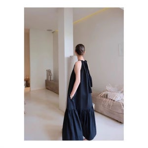 LF 린넨 넥타이 원피스 여성 여름 롱 편안한 슬리브 정장 니트 겨울 기모 벨벳 휴양지 블랙