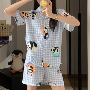 (3695) 반반 귀염뽀짝 체크판다 상하세트 파자마 이제는 준비할때 여름 여성용 잠옷 데일리 홈웨어