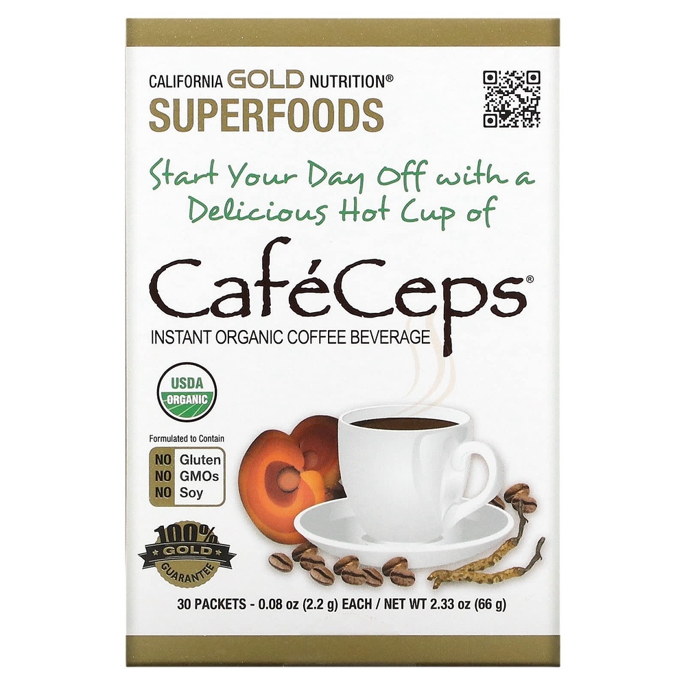 <b>CafeCeps</b> 유기농 인증 인스턴트 커피 동충하초 영지버섯분말 함유 30개입 개당22g