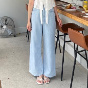 여름 청바지 링사 여성 세미 와이드 연청 데님 팬츠 데일리 연청바지