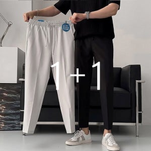1+1 남자 링클프리 밴딩 슬랙스 여름 쿨소재 바지 세미와이드 9부 정장핏 데일리 팬츠
