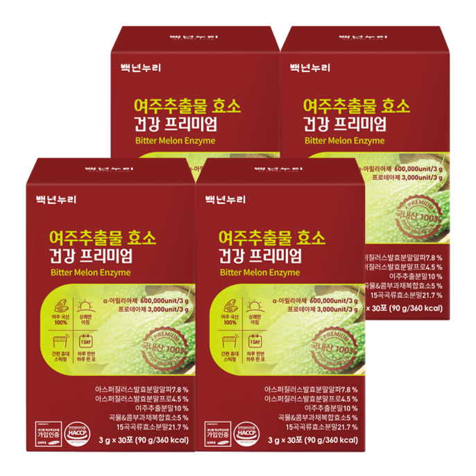 백년누리 여주추출물 <b>효소</b> 건강 프리미엄 3g x 30포 4개