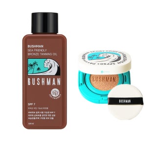 부쉬맨 씨프렌들리 브론즈 태닝오일 190ml SPF7, 부쉬맨 워터프루프 톤업 선쿠션 SPF50+ PA++++ 15g,