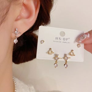 14K 행성 우주 귀걸이 세트 레이어드 데일리 스터드 드롭이어링