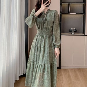 [루씨앤] 네브리 여성 정장 쉬폰 데일리룩가을 긴팔 슬림 플라워 패턴 롱 원피스 1181