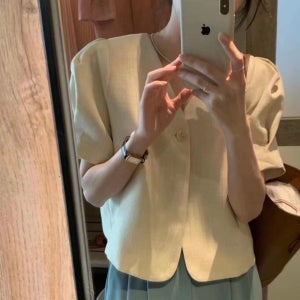 원버튼 린넨 자켓 퍼프 반팔 노카라 브이넥 여름 여성 재킷