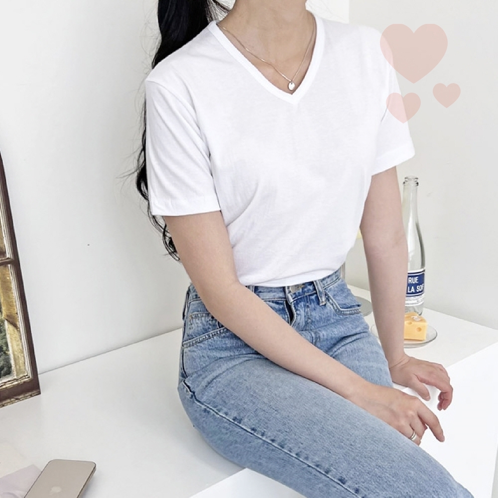 여자 브이 반팔 면티2장 데일리<b>티 스탠다드</b> 무지 데일리 기본티 베이직 심플룩