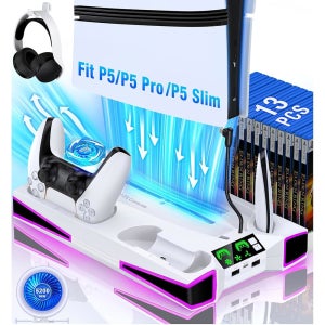 PS5/Pro/Slim 콘솔용 카웨이 PS5 스탠드 냉각 스테이션, 2.36인치 대형 P5 팬 팬, 컬러풀 라이트, 듀얼 컨트롤러 충전기, 헤드셋 홀더, 3개의 충전기 포트가 있는