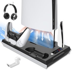 PS5/PS5 슬림용 라펠 PS5 냉각 스테이션 스탠드, 3단계 조절 가능한 기능을 갖춘 대형 터보팬, 4개의 내장 충전 포트 및 PlayStation 5 콘솔용