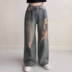 [4color] 여자 찢청 와이드 데미지 워싱 데님 청바지