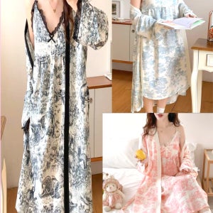 뜨왈 원피스 로브 세트 사계절 잠옷 홈웨어 캡내장 레이스