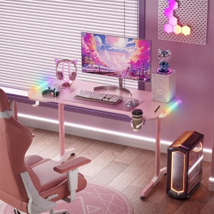 월로덴 LED 컴퓨터 게이밍책상 올인원 데스크 컵홀더+헤드셋거치대 포함 1200x600mm, 라이트핑크