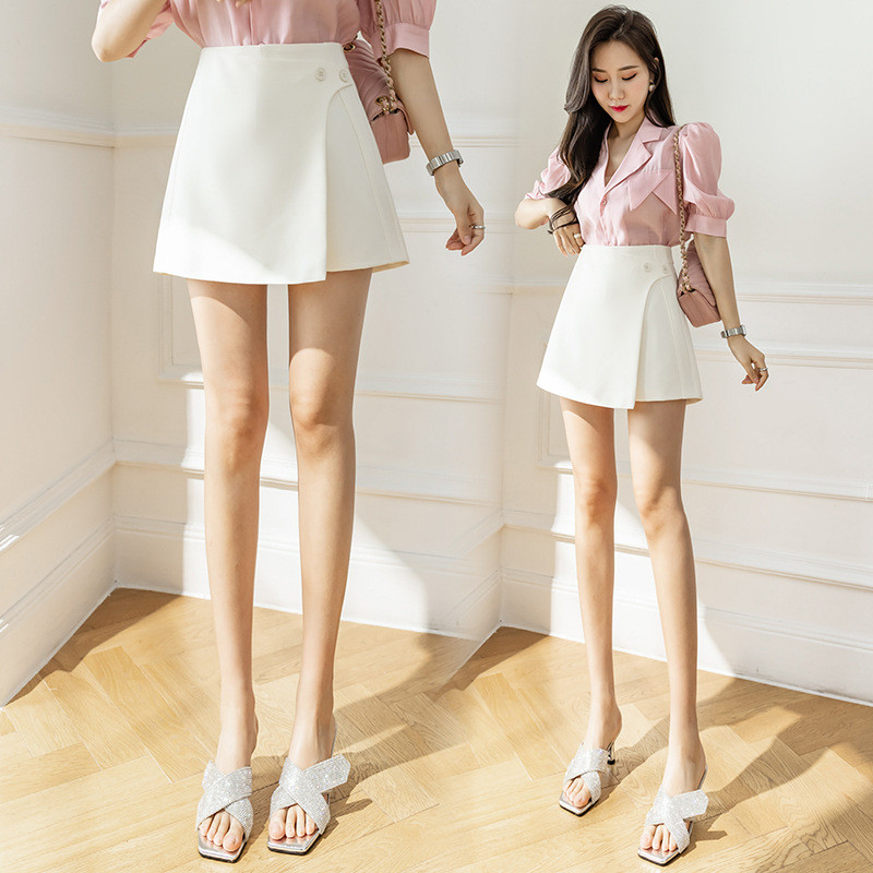 여성 랩 캐주얼 정장 스타일 와이드 치마반바지 3부 팬츠 여자 아이보리 베이지 화이트 블랙 화이트
