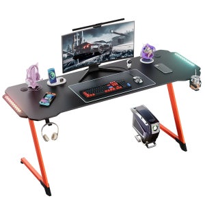 월로덴 Z형 RGB LED 게이밍 컴퓨터책상 컵홀더+헤드셋거치대 포함 1600x600mm, 레드