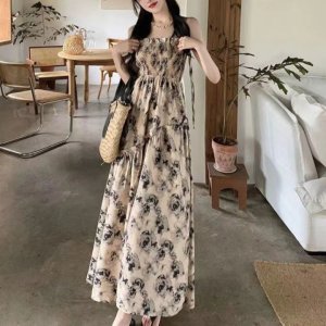 여름 장미 꽃무늬 플리츠 서스펜더 드레스 여성 슬림 플레어 롱원피스 휴양지 리조트룩
