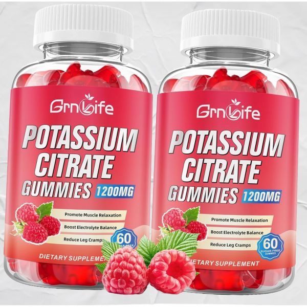 2개입 칼륨 시트레이트 구미 고칼륨 1200mg 다리 경련 <b>근육</b> 건강 지원 성인 용 비건 라즈베리 맛 Grn라이프
