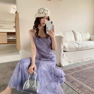 LF 연보라 유화 프린트 원피스 여성 여름 롱 해변 휴양지 드레스 퍼플