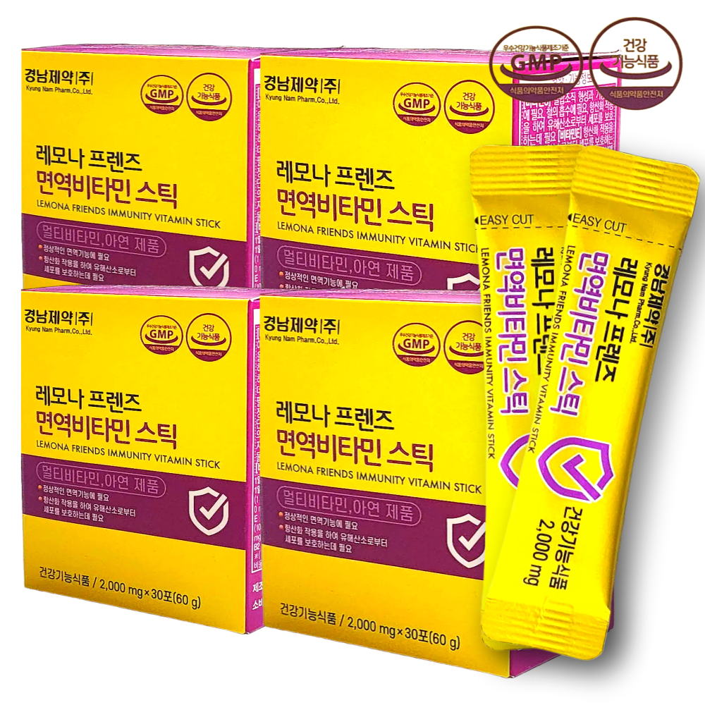 경남제약 레모나<b>프렌즈</b> 면역<b>비타민</b> 스틱 멀티<b>비타민</b> 아연 어린이 30포, 4개