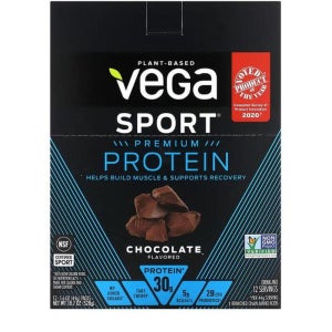 베가 Sport 식물성 프리미엄 단백질 초콜릿 맛 12팩 각 44g(1.6oz)