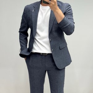 바쏘옴므 경량 쿨링 딥블루 슬림핏 4방 스판 남성 캐주얼 셋업수트 남성 여름 정장