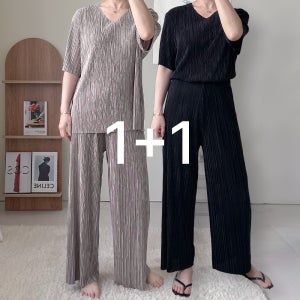 1+1 플리츠 디자인 브이넥 반팔티셔츠 밴딩 긴바지 투스피 셋업 여성용 여름 스타일