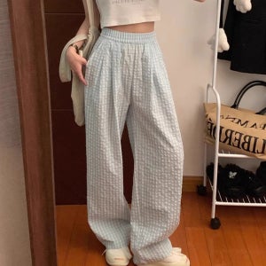 (민트 당일배송) 2069. 체크 와이드 루즈핏 오버핏 데일리 캐쥬얼 트레이닝 꾸안꾸 밴딩팬츠 - 핑크, 민트, 블랙, 블루