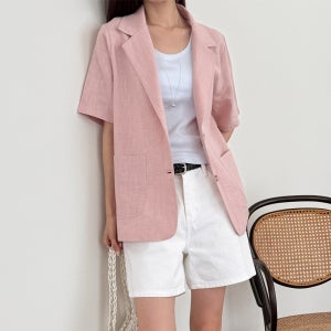 여름 린넨 자켓 여성 반팔 자켓 오버핏 카라 마 재킷 결혼식 하객룩 핑크 검정 아이보리