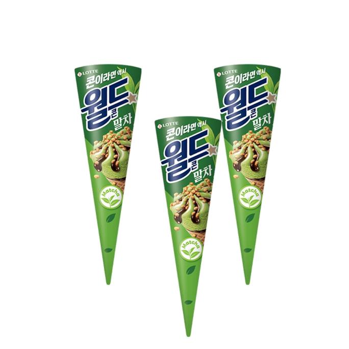 롯데 월드콘 말차 녹차 콘아이스크림 160ml 3개 라이트크림 저당쿨링 다이어트크런치 홈카페아이스 포만디저트