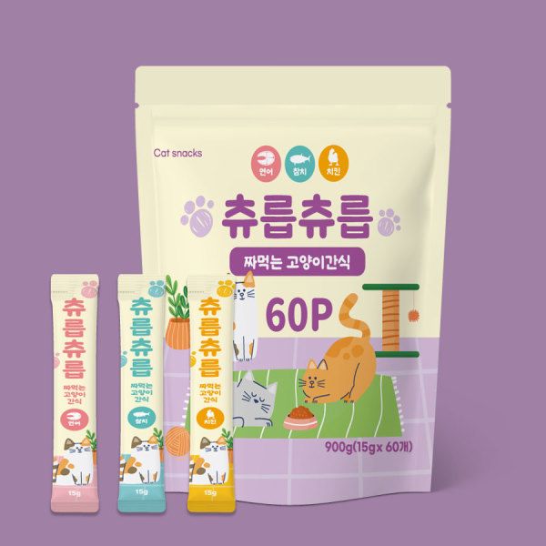 츄릅츄릅 짜먹는 츄르 고양이간식 60스틱 혼합팩 헤어볼케어 2개 연어+치킨+참치 × 15g × 120개