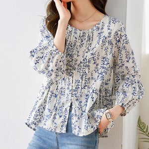 [루씨앤] 포란 데일리룩 여성 블라우스 여름 데일리 라운드넥 긴팔 플라워 622