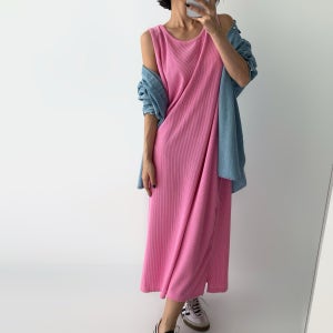 5074. 골지 스판 맥시 루즈핏 오버핏 레이어드 빅사이즈 무지 심플 민소매 나시 롱 원피스 - 블랙, 네이비, 핑크