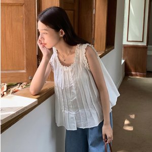 2077. 라임 프릴 셔링 디테일 플리츠 러블리 바캉스룩 휴가룩 기본핏 민소매 나시 블라우스 - 화이트, 소라, 크림