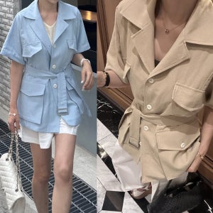 허리벨트 여성정장 반팔 린넨 롱 마자켓