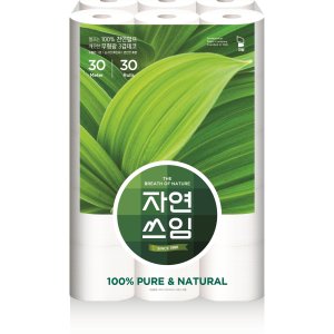 자연쓰임 천연펄프 화장지 퓨어앤 내츄럴 3겹 30m 30롤 1팩