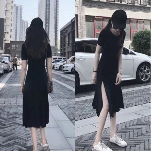 SNS사진 피서지원피스 여름 반팔 원피스 A라인 편한 옆트임 플레어 이너 롱