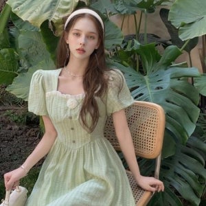 [대여] 라이트그린 미니 화이트 로즈 퍼프 원피스 졸사 졸업사진컨셉 경성의복 대여