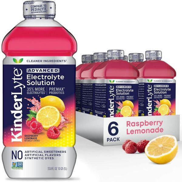 Kinderlyte 고급 전해질 용액, 물만 사용하는 것보다 2배 빠른 수분 공급, 인공 감미료 또는 향료 없음, 합성 염료 없음, 라즈베리 레모네이드, 어린이