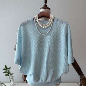 메탈 헤링본 패턴 썸머 반팔 니트 3컬러