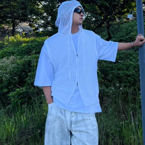 남자 펀칭 오버핏 후드조끼 썸머 후드집업 시스루 베스트