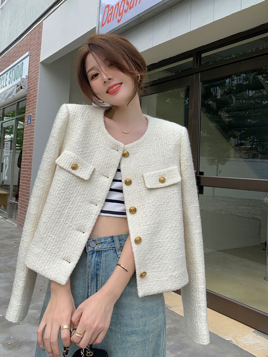 노카라 가을 트위드 하객룩 봄 오피스룩 여성 자켓 라운드넥 크림색 단추