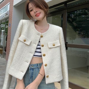 노카라 가을 트위드 하객룩 봄 오피스룩 여성 자켓 라운드넥 크림색 단추