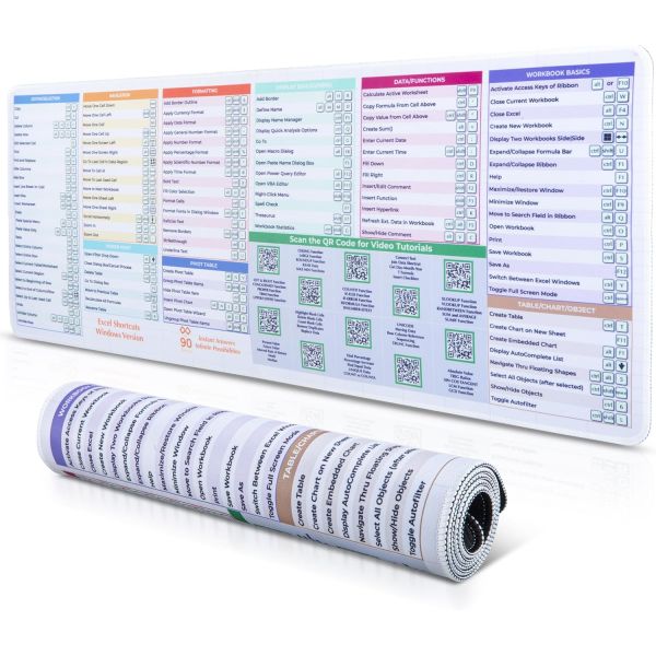 엑셀 치트 시트 데스크 패드 - 31.5인치 x 11.8인치 마우스 패드(바로가기 및 공식 포함) 회계, 데이터 분석을 위한 필수 바로가기 매트 QR 비디오 튜토리얼 포함