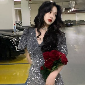 스팽글원피스 펑키스커트 연말파티 반짝이옷 그레이 S