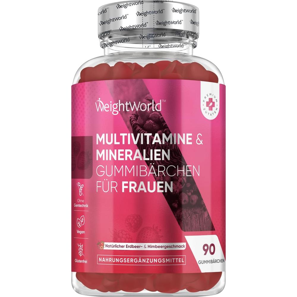 독일 <b>웨이트월드</b> WeightWorld Multivitamin Gummies 여성 멀티비타민 &amp; 미네랄 구미 딸기 &amp; 라즈베리맛 90정