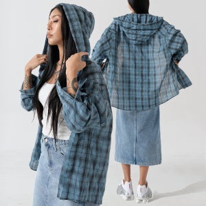 살안타템 여름 루즈핏 체크셔츠 아사 린넨 시스루 후드 긴팔 체크남방