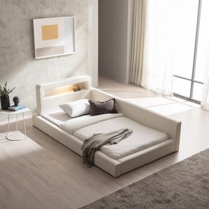 젠티스 스너그온 LED PU 가죽 저상형 침대프레임 패밀리침대 헤드형, 퀸 Q, 아이보리 화이트